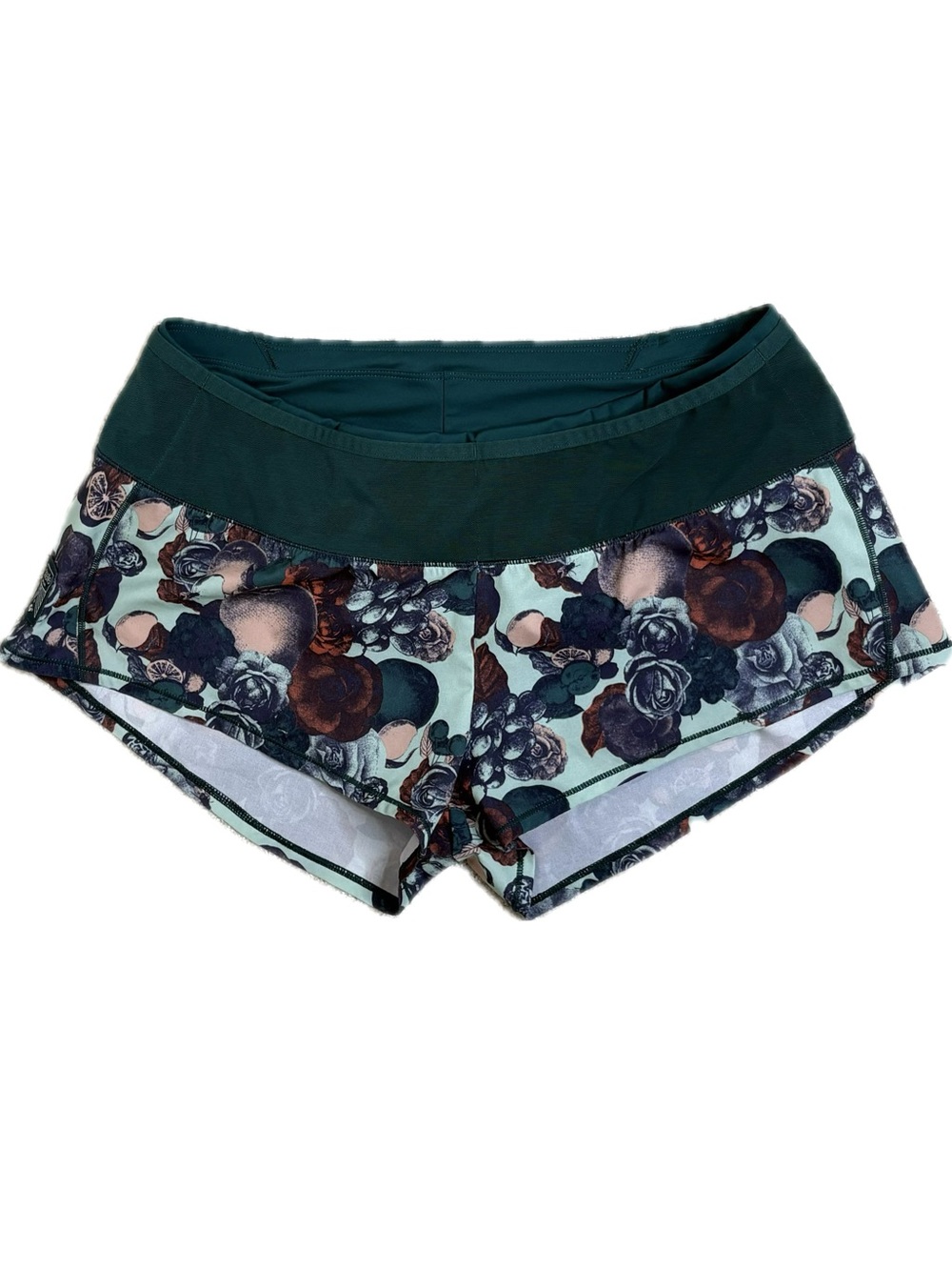 oiselle Floral Fruit print Running Shorts Womens size 6 Dark Green Fully Lined